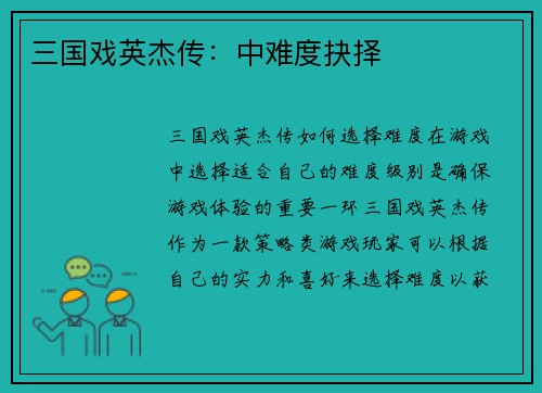 三国戏英杰传：中难度抉择